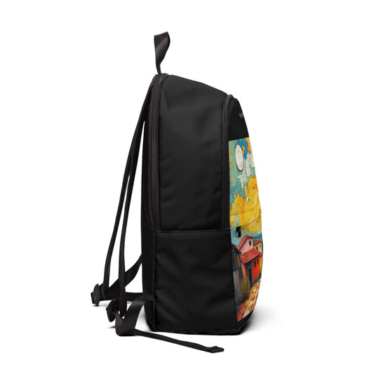 Artistic Unisex Fabric Backpack - Vibrant Sunset Village Design