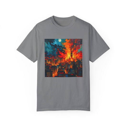 The Tower Mystic Unisex Garment-Dyed T-Shirt - Fiery Cityscape Design